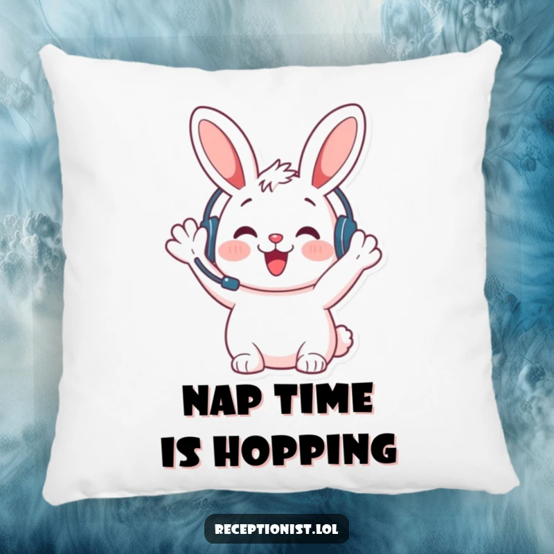 Funny bunny welcome pillow, featuring a happy bunny with a headset, waving hello, making any couch or bed extra inviting.