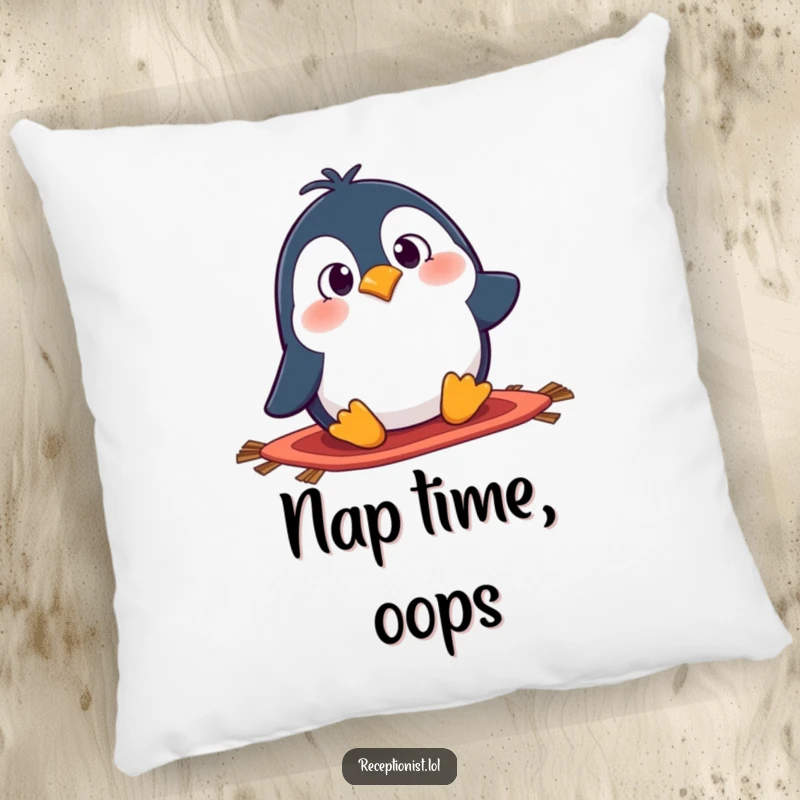 Funny penguin pillow with a surprised cartoon character tripping over a rug, offering comfort and a humorous touch to any room.