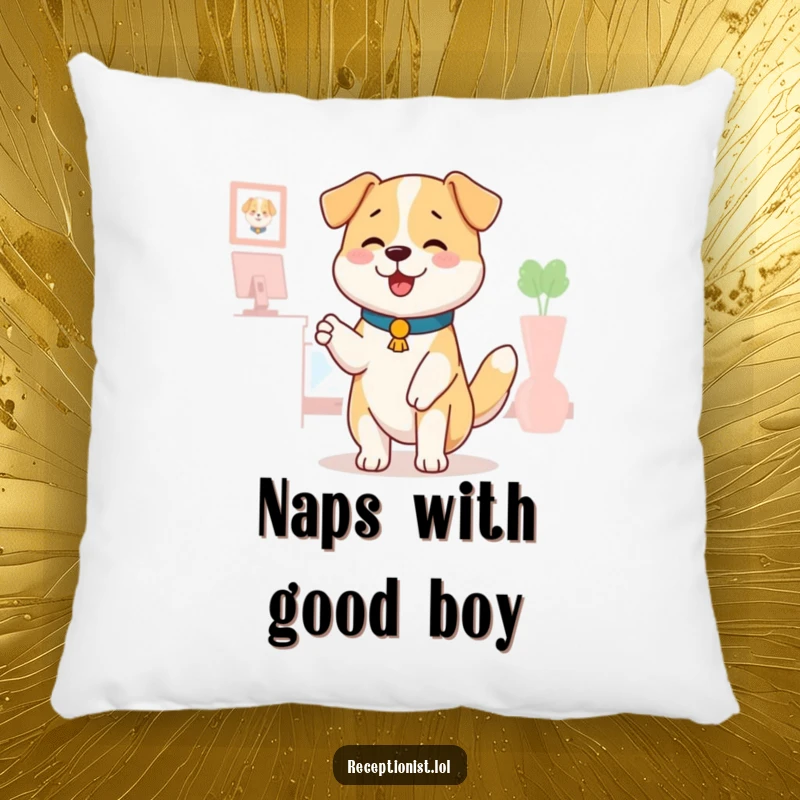 Funny dog receptionist pillow, a happy dog wagging its tail, offering a comforting pat, soft and cozy, humorous home decor.
