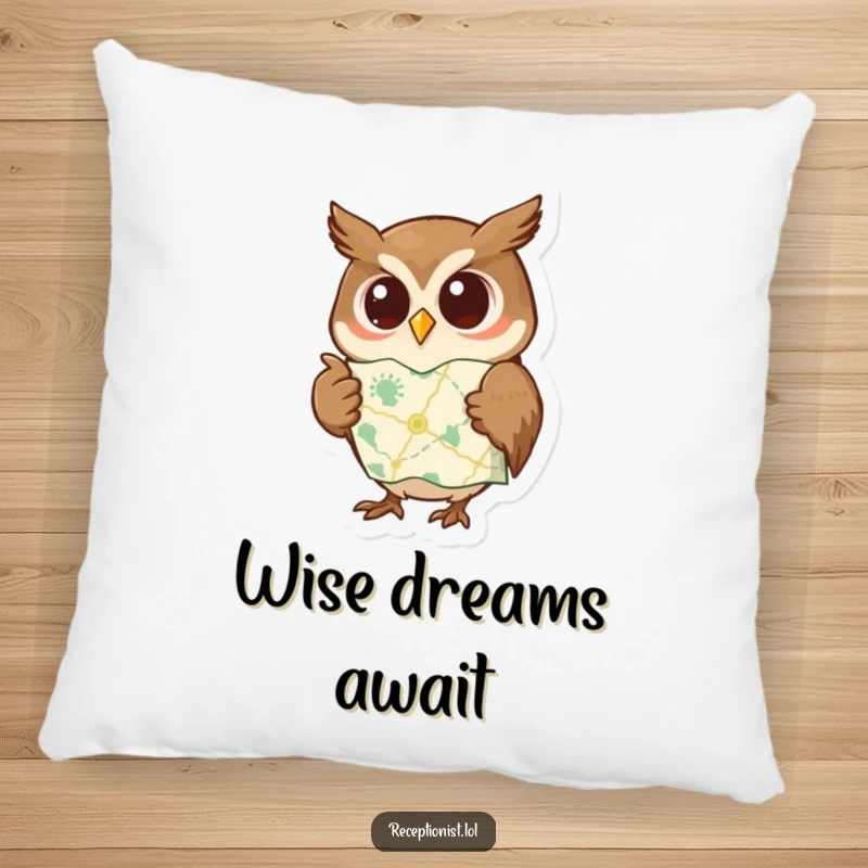 Funny pillow featuring a curious owl pointing to a map with a wise expression, perfect for adding comfort and intellectual humor to any room.
