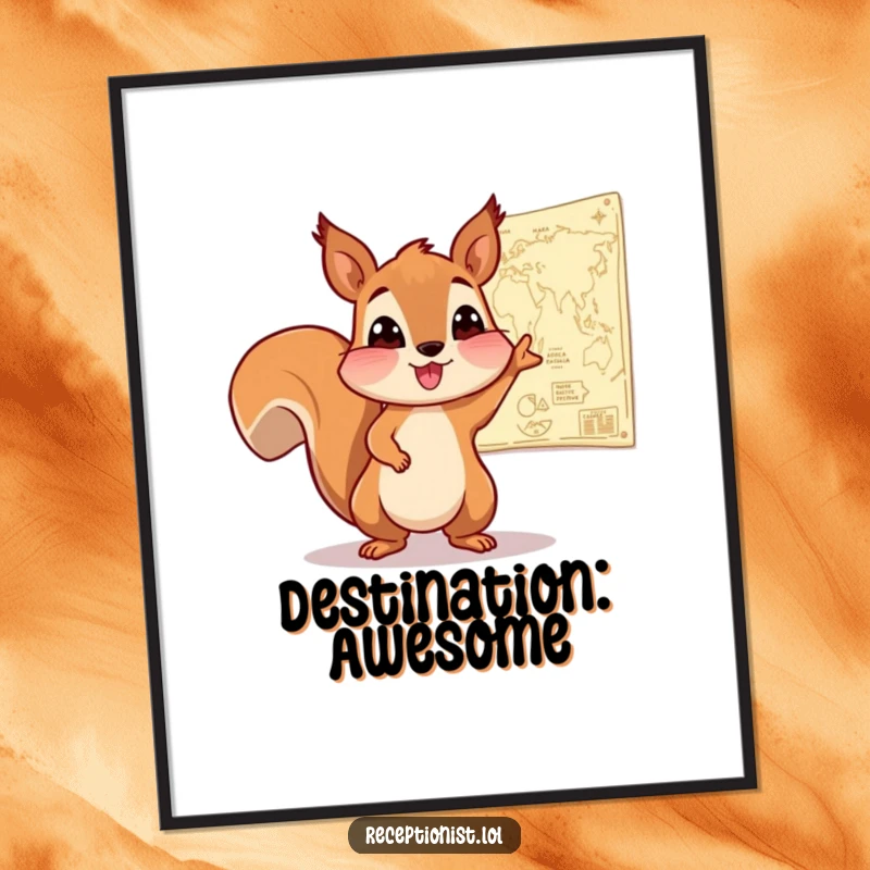 Funny Squirrel Map Digital Art Print showing an enthusiastic squirrel pointing to a map on the wall, perfect for humorous adventurous decor.