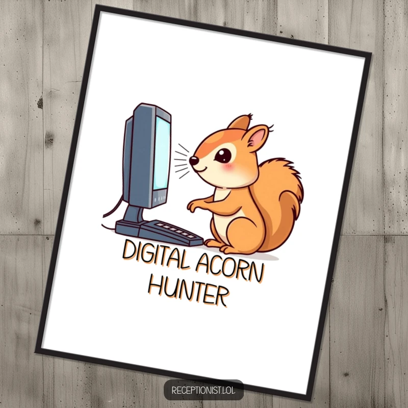 Funny digital art print of a determined squirrel intensely focused on a blinking computer screen, ideal for tech rooms.