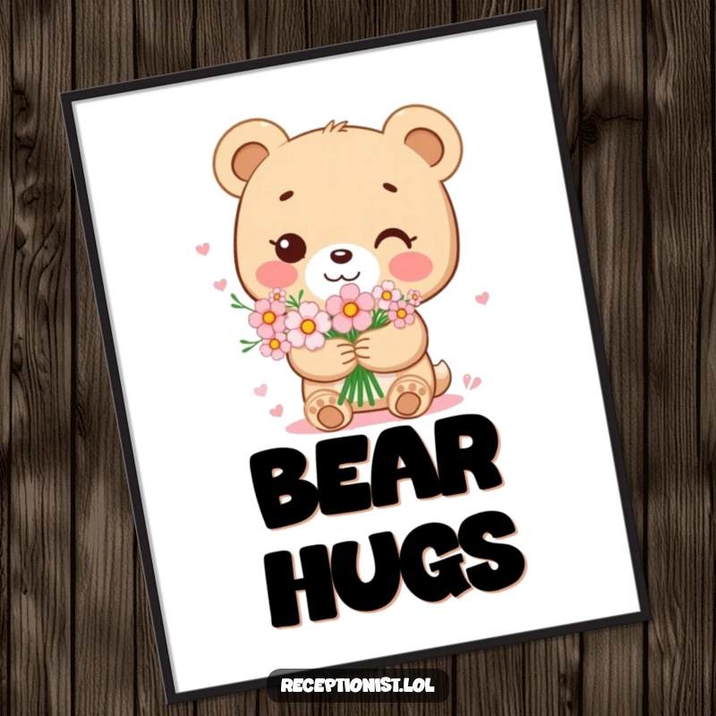 Funny bear cub digital art print showing a sweet character holding a bouquet of flowers with a gentle smile, perfect for loving and humorous wall decor.