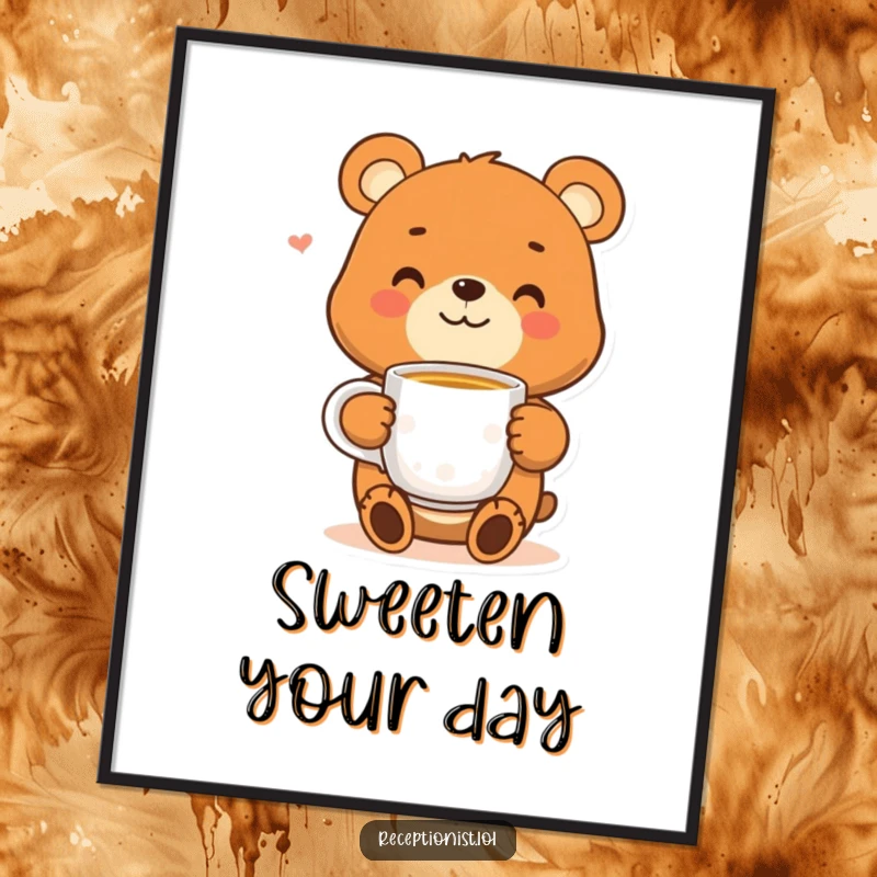 Funny bear digital art print of a smiling character holding a warm cup of tea, perfect for printable wall decor.