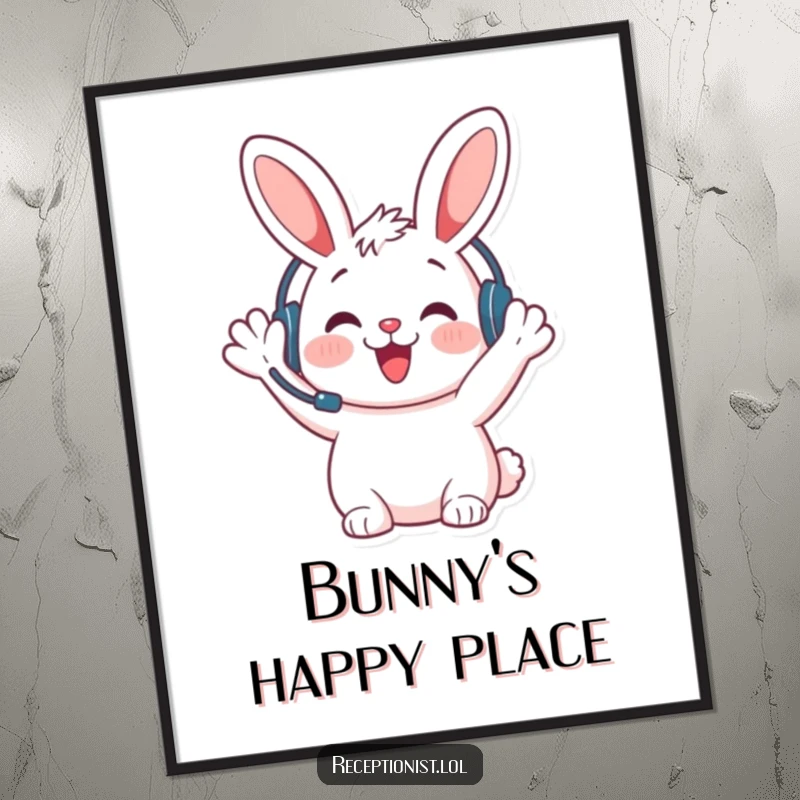 Funny bunny welcome digital art print, headset on, waving with a friendly smile, perfect for printable wall art.