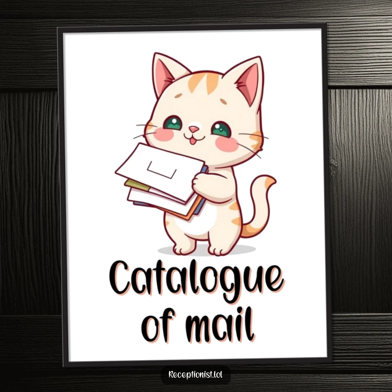 Funny Cat Mail Carrier Digital Art Print: a curious cat holds a stack of mail, representing playfulness and responsibility.