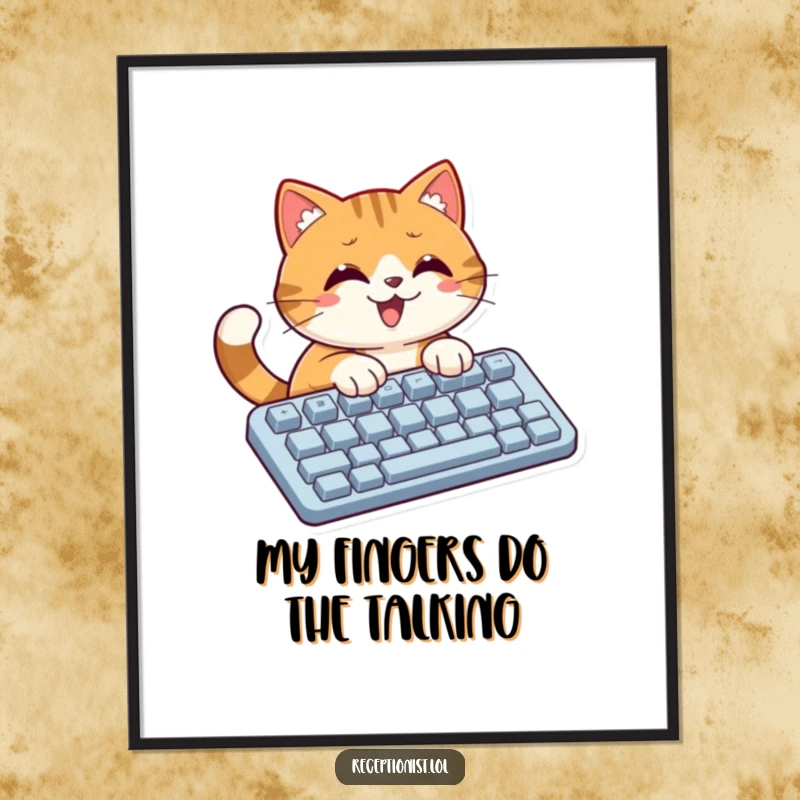 Funny, high-resolution digital art print of a cat typing intensely on a giant keyboard, humorous decor.