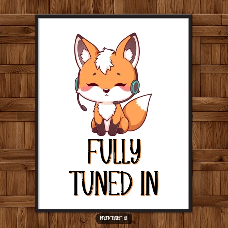 Funny curious fox wearing an earpiece and nodding thoughtfully, digital art print, humorous illustration for instant download.