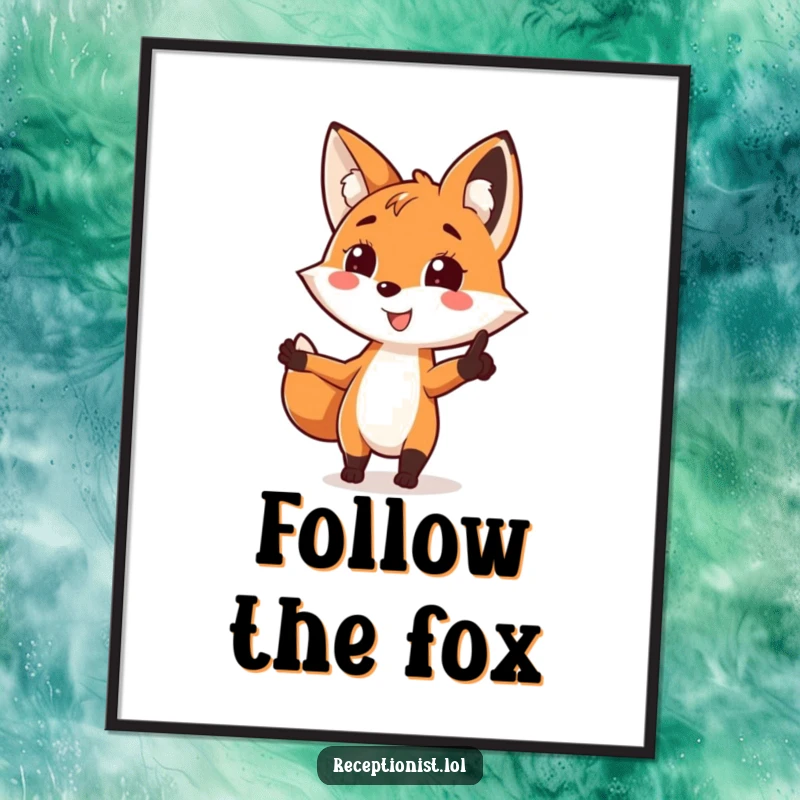 Funny fox direction digital art print, pointing with a bright smile, ideal for printable wall art with a humorous twist.