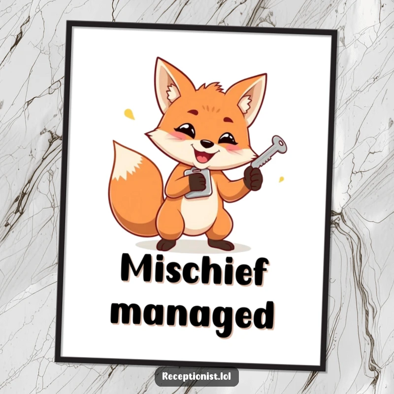 Funny digital art print of a determined fox mischievously juggling keys, perfect for instant, clever home decor.