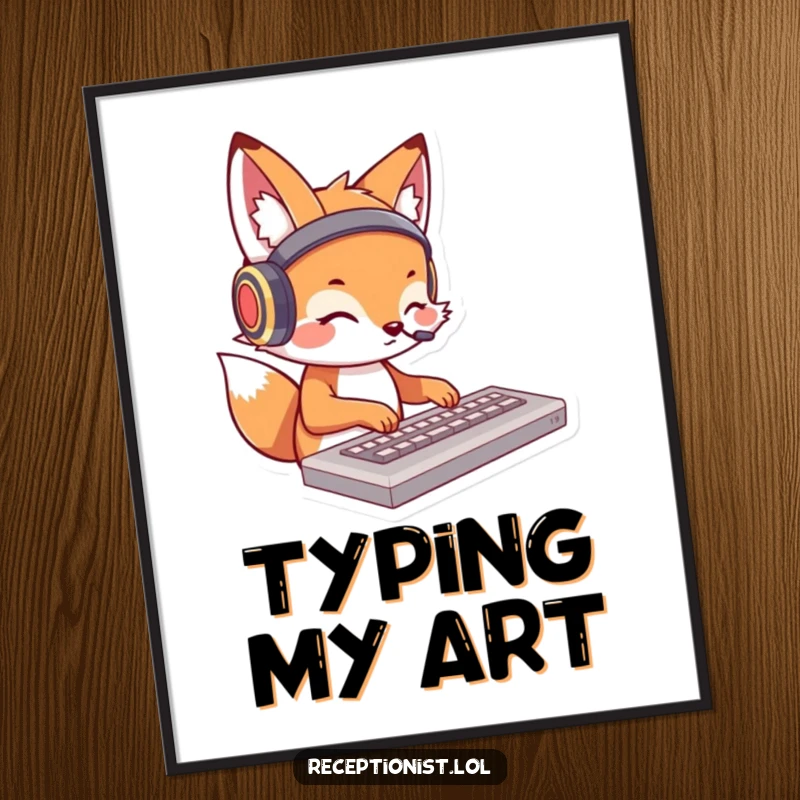 Funny fox typing digital art print of a cartoon fox with headphones, typing rapidly; instant humorous workspace decor.