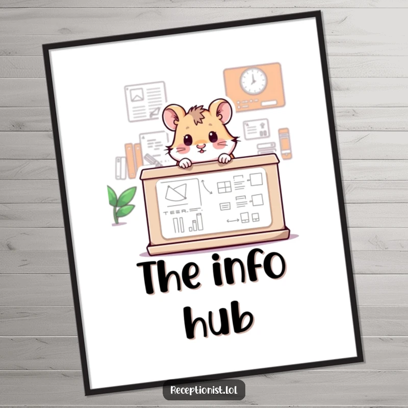 Funny digital art print of a tiny hamster peeking over a large information desk, bringing playful humor and charm to any space.