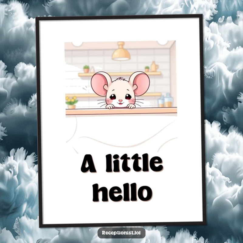 Funny mouse digital art print, a tiny mouse character peering over a large counter with a friendly glimmer, adding whimsy.