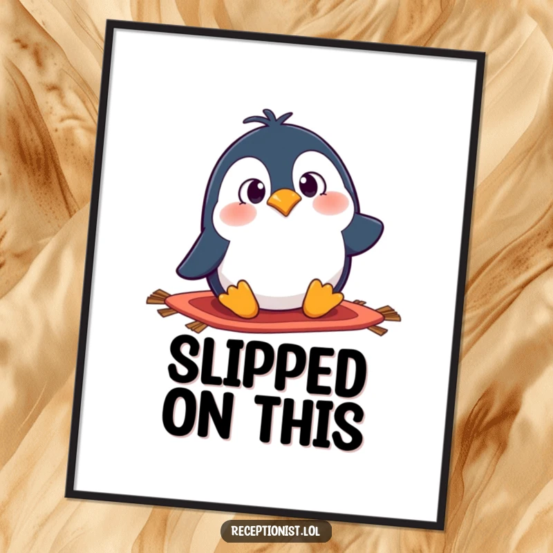 Funny penguin tripping digital art print of a surprised cartoon character hilariously falling over a rug; instant humorous decor.