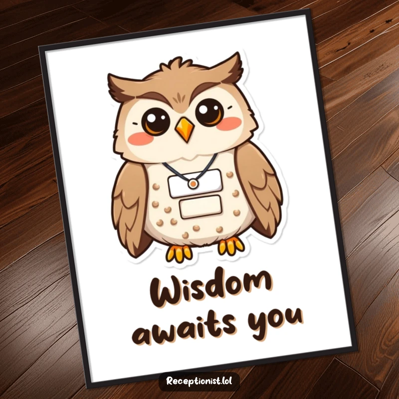 Funny proud owl with a name badge displayed in a digital art print, radiating warmth and humorous wisdom.