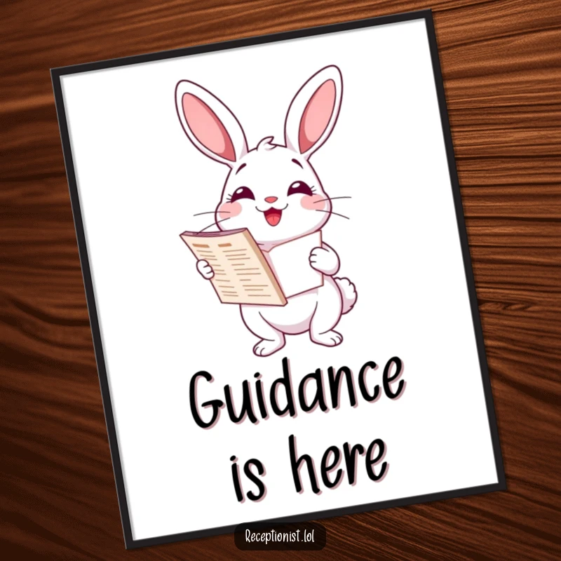 Funny cartoon rabbit holding a directory with a friendly, helpful smile, high-resolution digital art print, humorous wall decor.