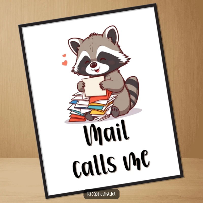 Funny Raccoon Mail Digital Art Print showing a playful raccoon sorting colorful mail with a cheerful hum, perfect for humorous organized decor.