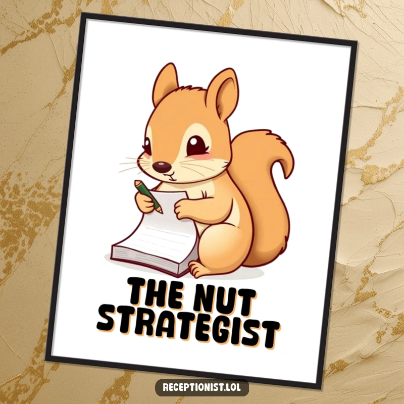 Funny digital art print of a diligent squirrel taking notes on a small notepad, bringing motivation and charm to any space.