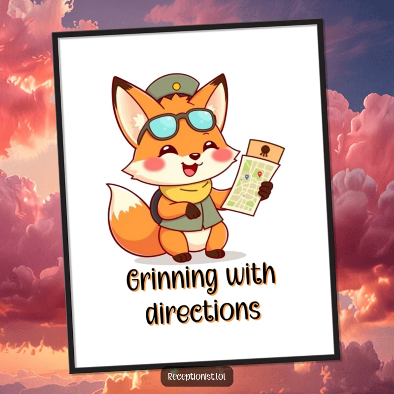 Funny fox receptionist digital art print, instant download of a grinning fox offering a map with enthusiasm.