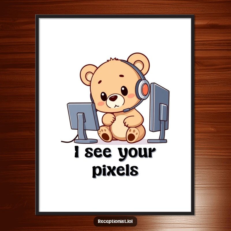 Funny, high-resolution digital art print of a bear cub wearing a headset and pointing at a screen.