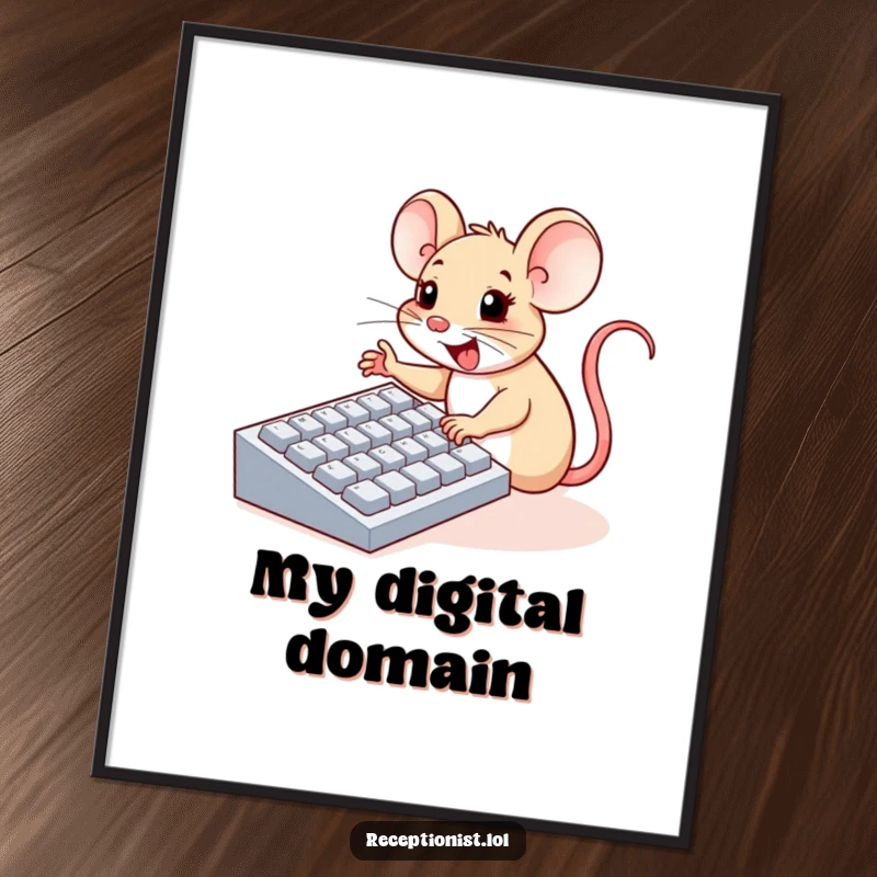 Funny digital art print of a cheerful mouse enthusiastically pressing large computer keyboard buttons with tiny paws, humorous tech decor.