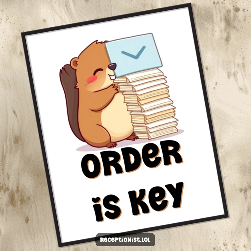 Funny beaver efficiently arranging items in a digital art print, symbolizing organization and humor for wall decor.