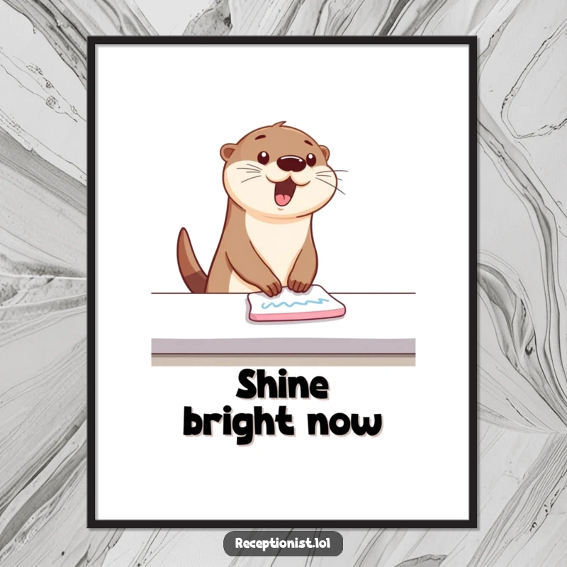 Funny Digital Art Print of a bouncing otter wiping a counter with energetic, happy swipes, instant humorous decor for neat freaks.