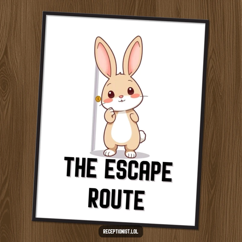Funny digital art print of a curious rabbit enthusiastically pointing towards a door, bringing a sense of adventure and possibility.