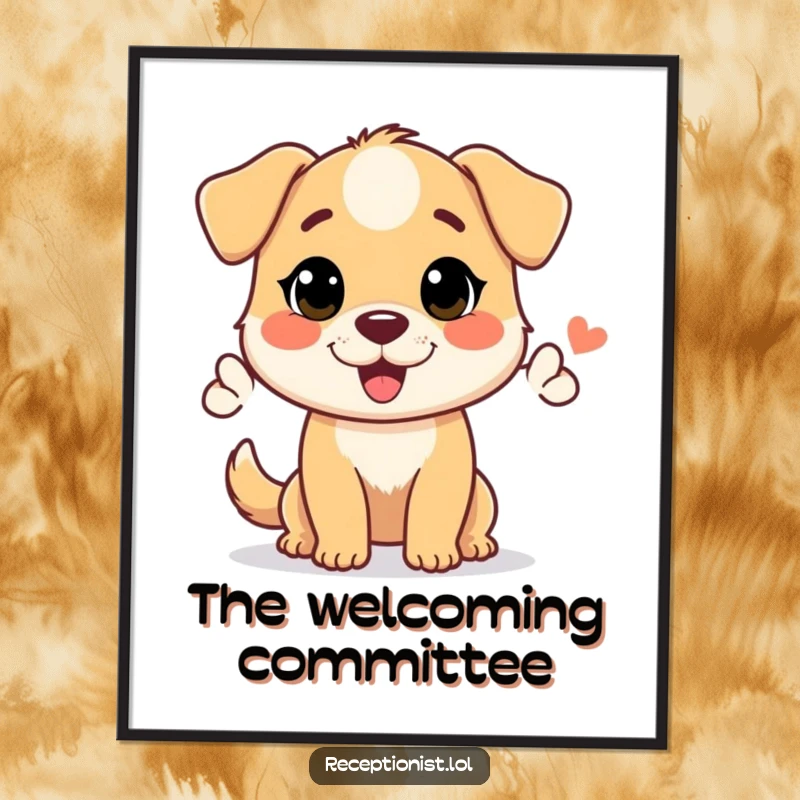 Funny digital art print of a helpful dog character giving a warm, welcoming nod, providing instant cheer and hospitality.