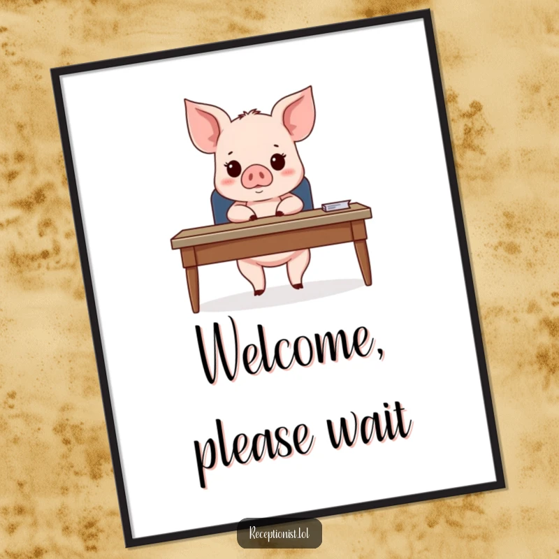Funny Piglet Office Digital Art Print showing a cute piglet behind a desk, looking expectantly at an unseen guest, perfect for humorous wall decor.