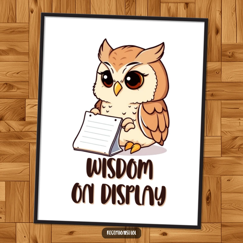 Funny Digital Art Print of a wise owl peering intently at a notepad with a serene expression, instant humorous decor for thinkers.