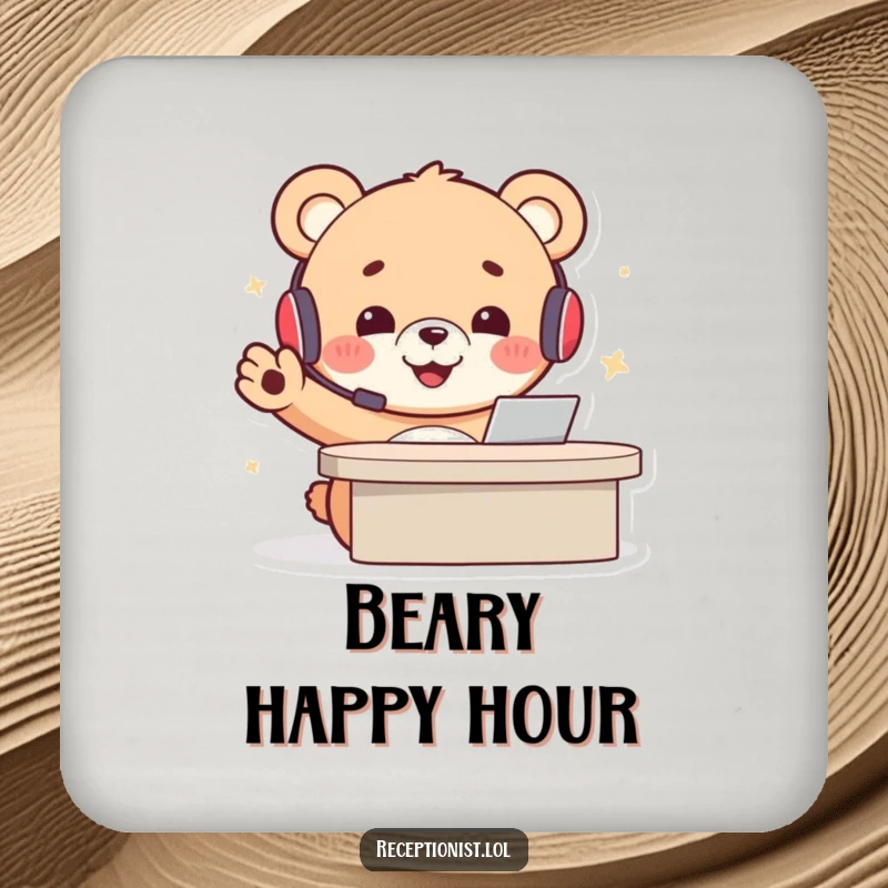 Funny bear receptionist coasters with a cheerful cartoon bear cub in a headset, gesturing welcomingly, adding humorous protection.