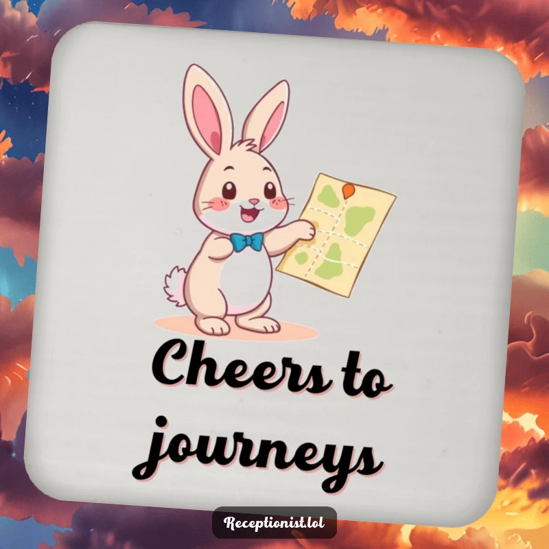 Funny playful bunny pointing towards a map with a helpful gesture, absorbent drink coaster, humorous table protection accessory.