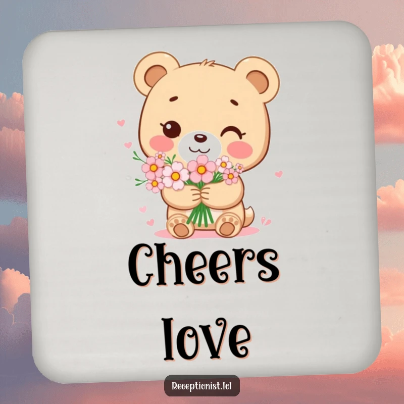 Funny bear cub drink coaster featuring a sweet character holding a bouquet of flowers with a gentle smile, adding a touch of love to tabletops.