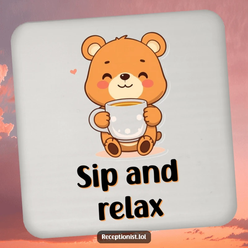 Funny bear coaster with a smiling character offering a warm cup of tea, a charming and practical accessory for any table.