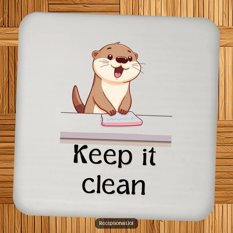 Funny Drink Coasters showcasing a bouncing otter wiping a counter with energetic, happy swipes, humorous coasters for neat homes.