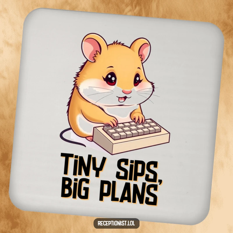 Funny hamster receptionist drink coaster, a determined hamster typing on a tiny keyboard with focused energy, protects furniture, humorous.