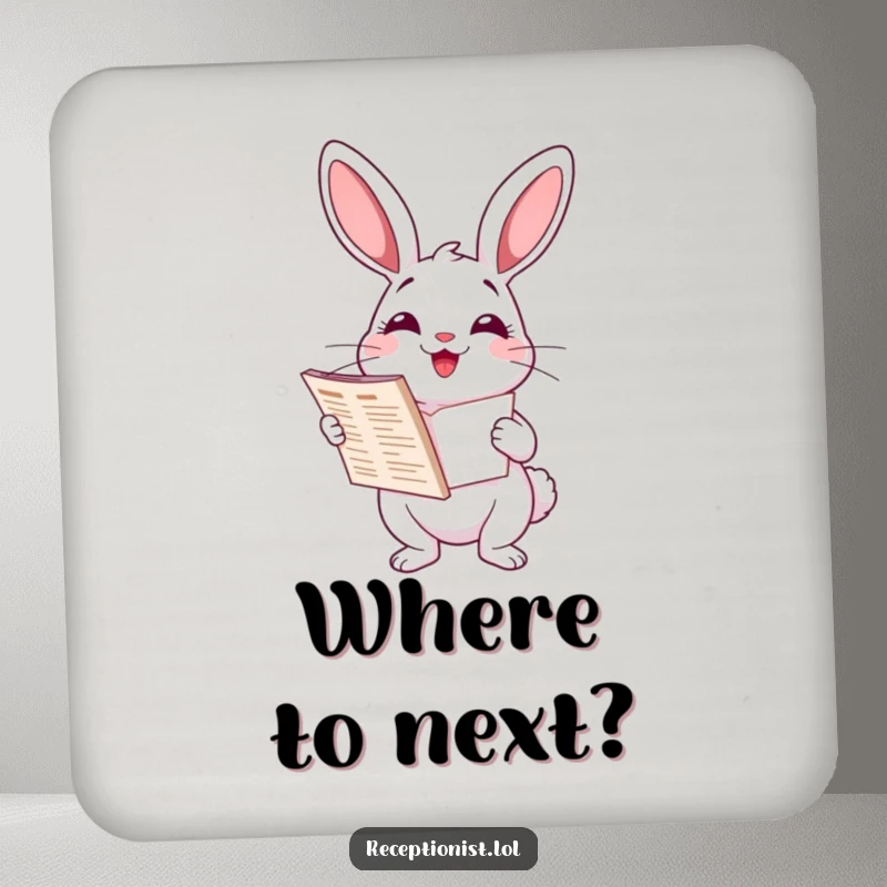 Funny delighted cartoon rabbit holding a directory, helpful smile, protective drink coaster, humorous desk accessory.
