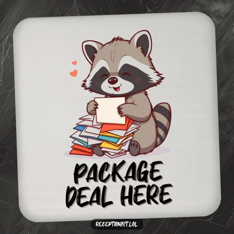 Funny Raccoon Mail Coaster featuring a playful raccoon sorting colorful mail with a cheerful hum, adding humorous organization to surfaces.
