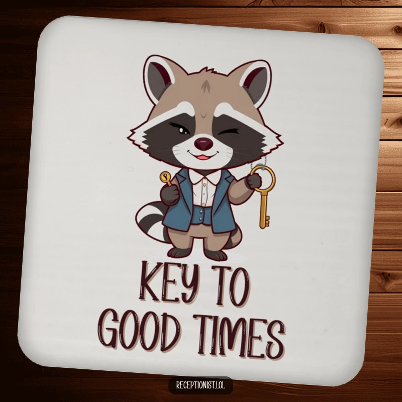 Funny raccoon receptionist drink coaster, a winking raccoon passing a key with a sly smile, protects furniture, humorous.