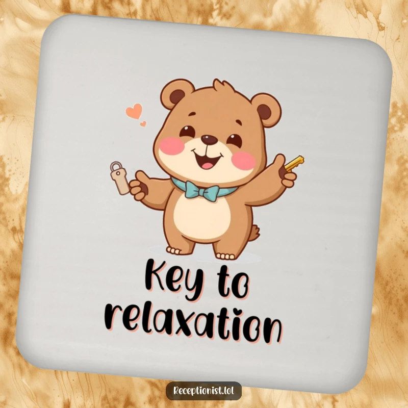 Funny Drink Coasters showcasing a jovial bear handing out room keys with a welcoming smile, humorous coasters for hotels.