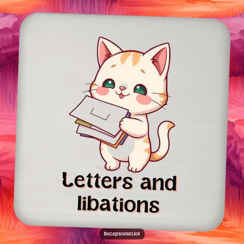 Funny Cat Mail Carrier Drink Coaster featuring a curious cat holding a stack of mail, a cute accessory.