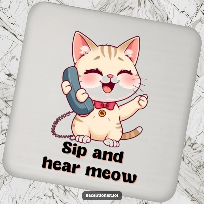 Funny giggling cat receptionist coaster, absorbent drink coaster with a cheerful, winking cat greeting.