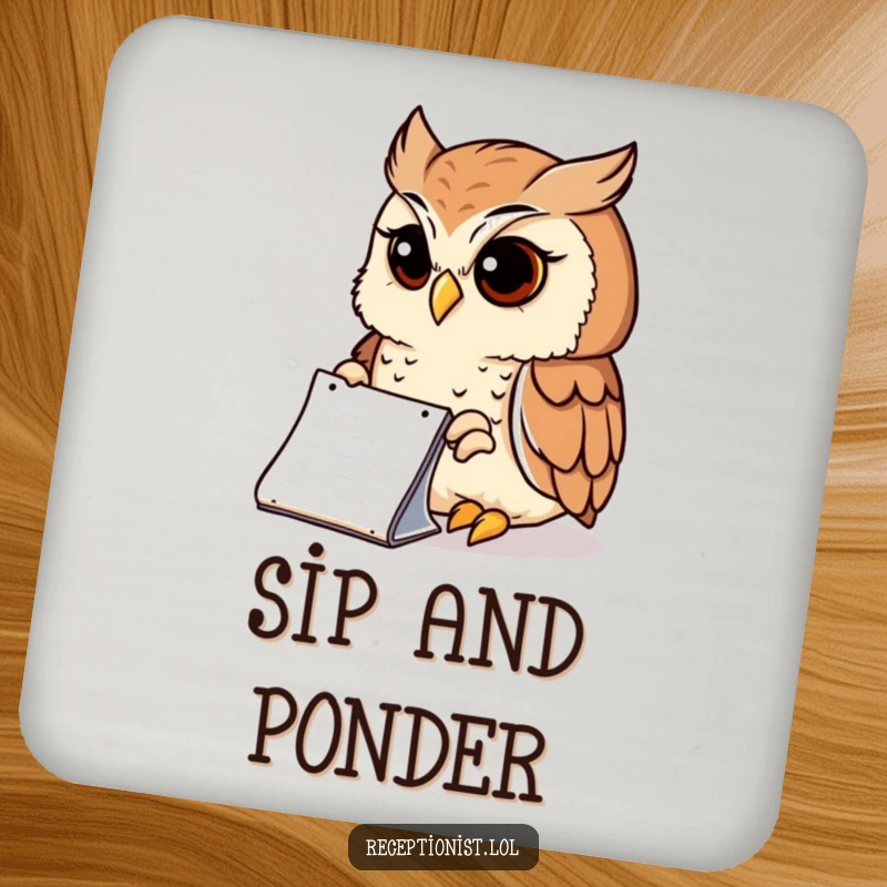 Funny Drink Coasters showcasing a wise owl peering intently at a notepad with a serene expression, humorous coasters for thinkers.