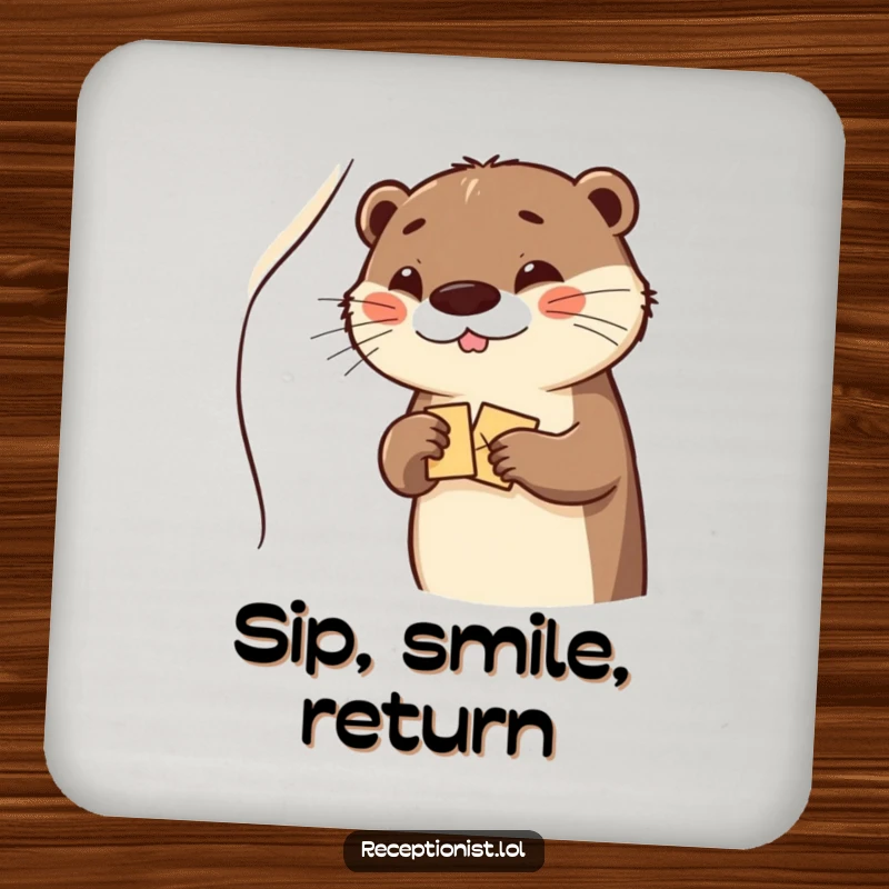 Funny otter winking, handing a packet, featured on a protective and funny drink coaster.