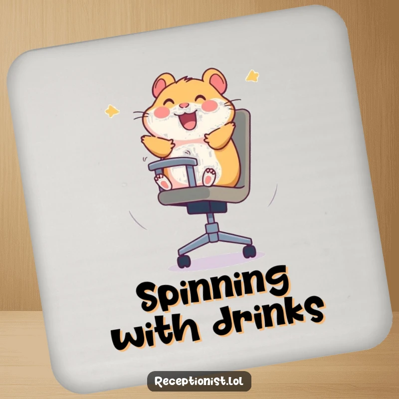 Funny hamster drink coaster depicting a hamster spinning in an office chair, adding playful joy to any surface.