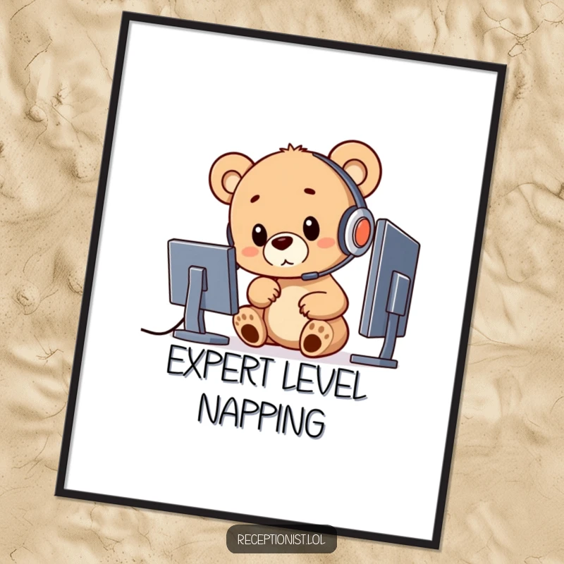 Funny bear cub wearing a headset and pointing towards a computer screen in this humorous poster art.