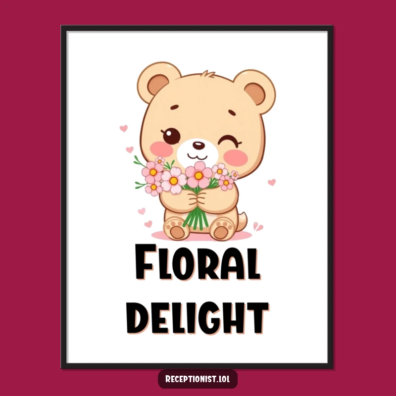 Funny Bear Cub Flower Bouquet Poster: Sweet Wall Art for Hearts