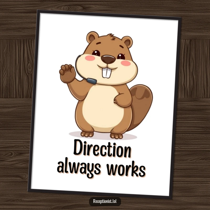 Funny beaver poster, directing guests, wearing headset, event planner art, office decoration, inspired by busy hosts.