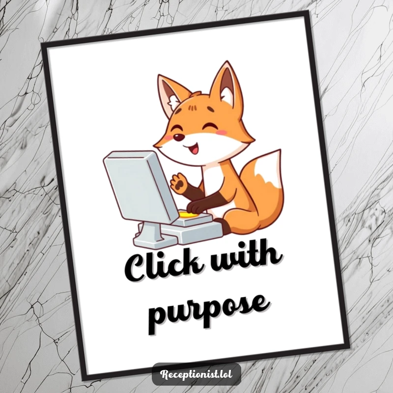 Funny cartoon fox intensely typing at a computer, paw hovering over a bright button, humorous wall art, tech-themed decor.